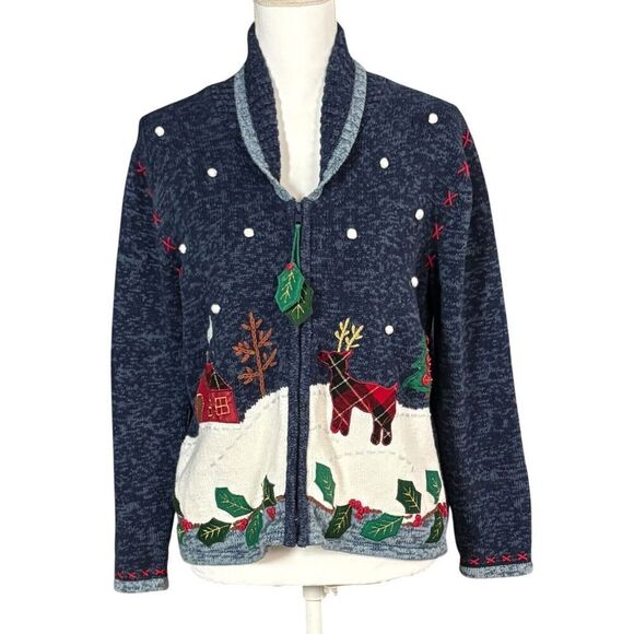 Ugly Christmas Sweater Zip Cardigan Size Medium Blue Reindeer Snow Fun Novelty - Picture 1 of 10